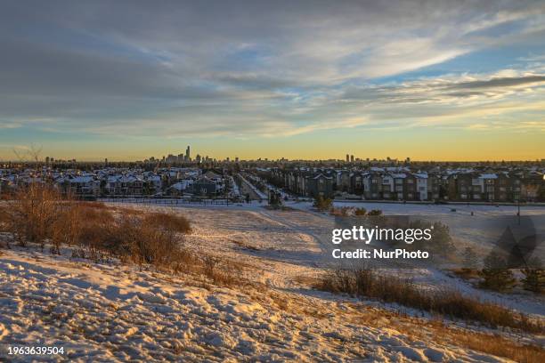 Sunset view of Edmonton downtown from Griesbach Central Park, on January 28 in Edmonton, Alberta, Canada.