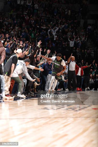 Karl-Anthony Towns of the Minnesota Timberwolves celebrates during the game against the Charlotte Hornets on January 22, 2024 at Target Center in...