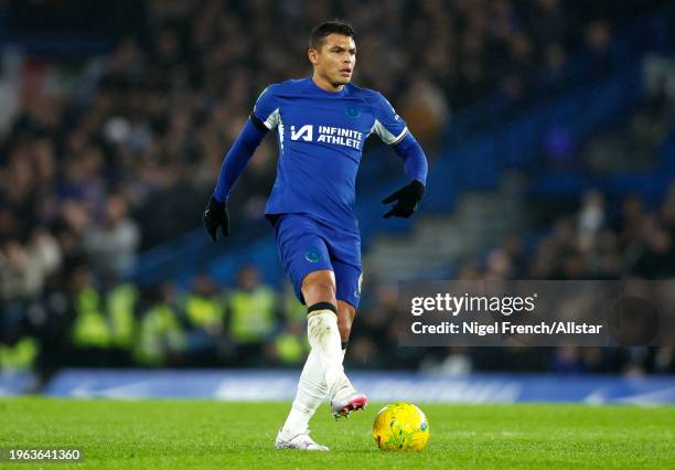 Thiago Silva of Chelsea on the ball during the Carabao Cup Semi Final Second Leg match between Chelsea and Middlesbrough at Stamford Bridge on...