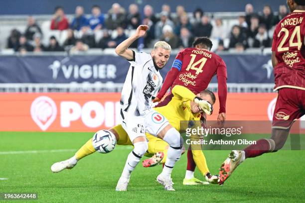 Farid EL MELALI of Angers Sco and Karl Johan JOHNSSON of Bordeaux during the Ligue 2 BKT match between Football Club des Girondins de Bordeaux and...