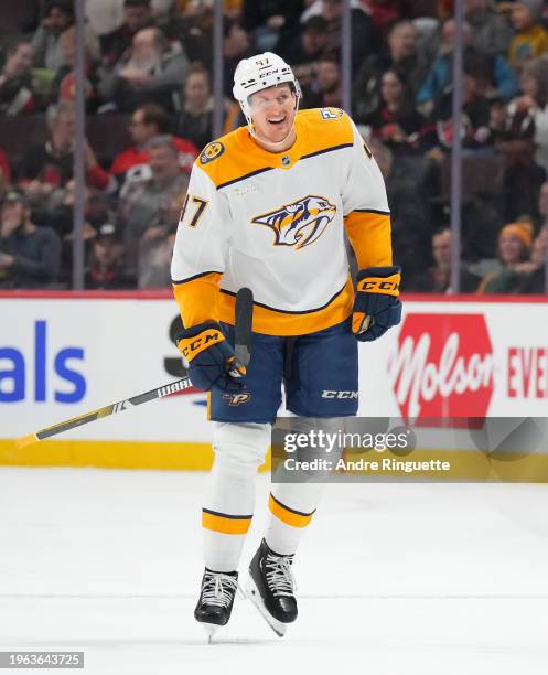 Michael McCarron of the Nashville Predators celebrates his first period goal against the Ottawa Senators at Canadian Tire Centre on January 29, 2024...