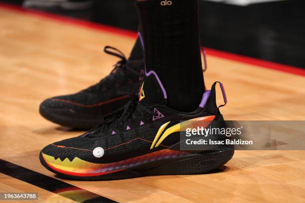 The sneakers worn by Jimmy Butler of the Miami Heat during the game against the Phoenix Suns on January 29, 2024 at Kaseya Center in Miami, Florida....