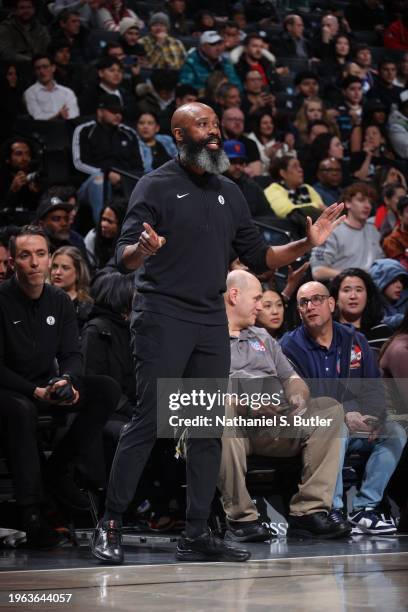 Head Coach Jacque Vaughn of the Brooklyn Nets looks on during the game against the Utah Jazz on January 29, 2024 at Barclays Center in Brooklyn, New...