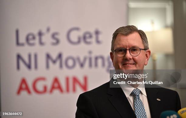 Democratic Unionist Party leader Sir Jeffrey Donaldson addresses the media following a meeting with 120 executive members of the DUP on a possible...