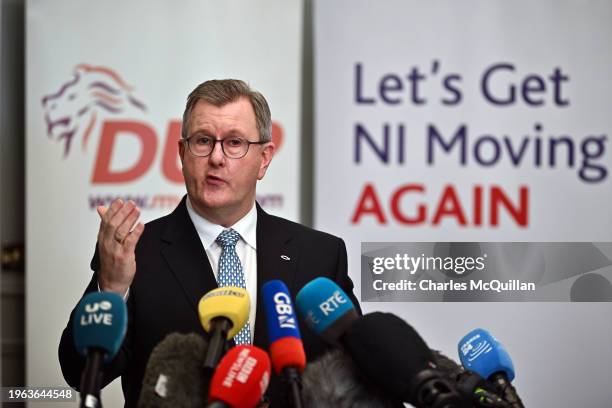 Democratic Unionist Party leader Sir Jeffrey Donaldson addresses the media following a meeting with 120 executive members of the DUP on a possible...
