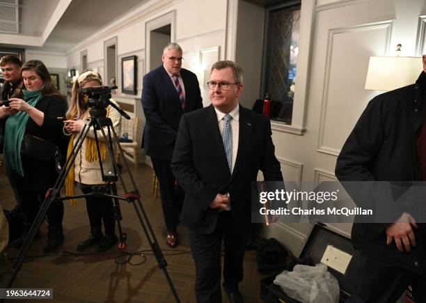 Democratic Unionist Party leader Sir Jeffrey Donaldson arrives to address the media following a meeting with 120 executive members of the DUP on a...