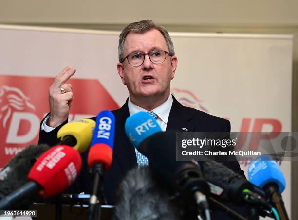 Democratic Unionist Party leader Sir Jeffrey Donaldson addresses the media following a meeting with 120 executive members of the DUP on a possible...