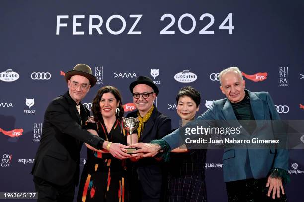 Pablo Berger, José Luis Ágreda and Alfonso de Vilallonga winnerss of the award for best comedy film for "Robot Dreams", poses in the press room...