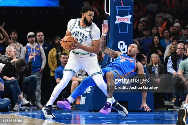 Karl-Anthony Towns of the Minnesota Timberwolves backs in to Jaylin Williams of the Oklahoma City Thunder during the first half at Paycom Center on...