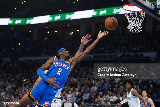 Shai Gilgeous-Alexander of the Oklahoma City Thunder puts up a shot at the rim during the first half against the Minnesota Timberwolves at Paycom...