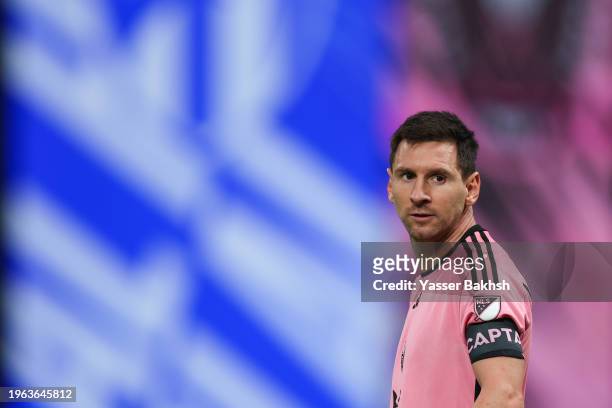 Lionel Messi of Inter Miami looks on during the Riyadh Season Cup match between Al Hilal and Inter Miami at Kingdom Arena on January 29, 2024 in...