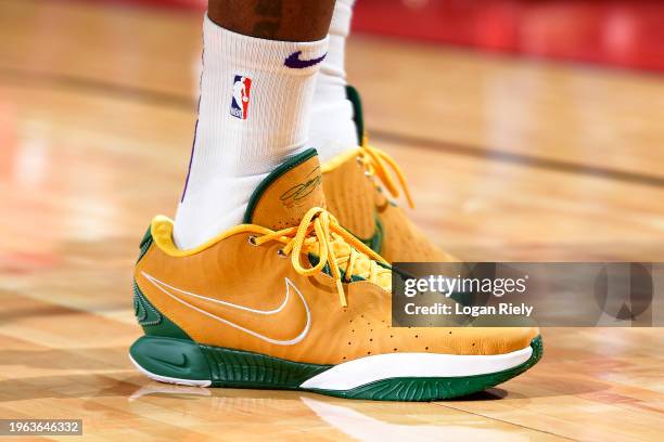The sneakers worn by LeBron James of the Los Angeles Lakers during the game against the Houston Rockets on January 29, 2024 at the Toyota Center in...