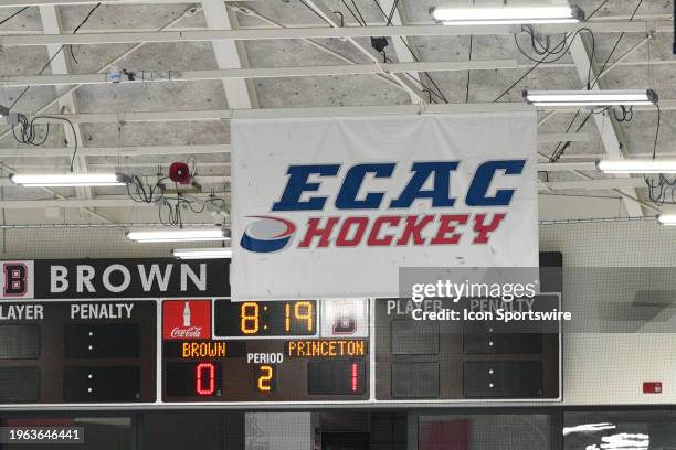 Banner with the "ECAC Hockey" logo hangs from the rafters during a women's college hockey game between the Princeton Tigers and the Brown Bears on...