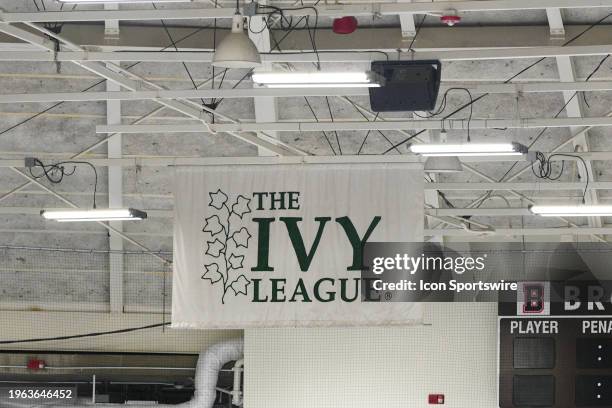 Banner with "The Ivy League" logo hangs from the rafters during a women's college hockey game between the Princeton Tigers and the Brown Bears on...