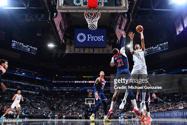 Victor Wembanyama of the San Antonio Spurs drives to the basket during the game against the Washington Wizards on January 29, 2024 at the Frost Bank...
