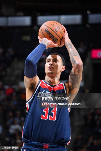 Kyle Kuzma of the Washington Wizards shoots a free throw during the game against the San Antonio Spurs on January 29, 2024 at the Frost Bank Center...