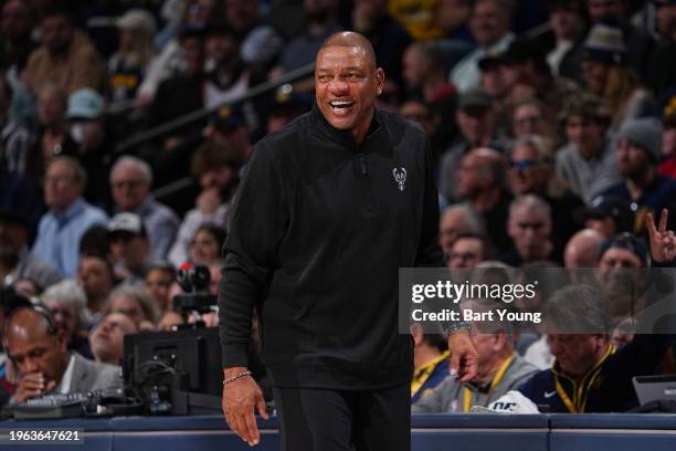 Head Coach Doc Rivers of the Milwaukee Bucks smiles during the game against the Denver Nuggets on January 29, 2024 at the Ball Arena in Denver,...