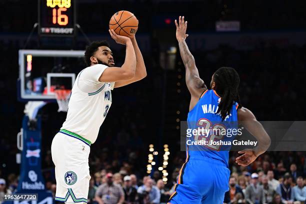 Karl-Anthony Towns of the Minnesota Timberwolves puts up a shot during the second half against the Oklahoma City Thunder at Paycom Center on January...