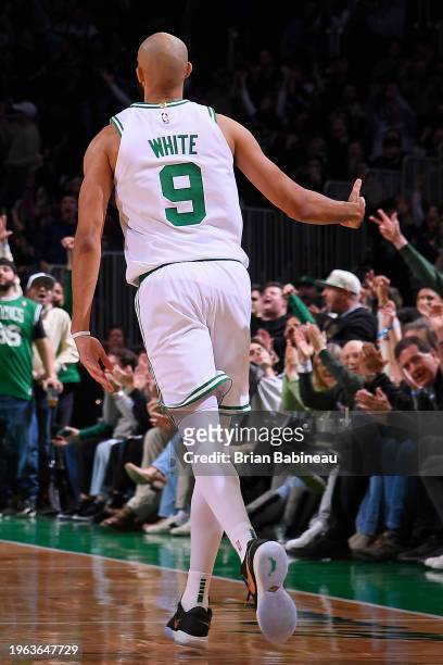 Derrick White of the Boston Celtics celebrates three point basket during the game against the New Orleans Pelicans on January 29, 2024 at the TD...