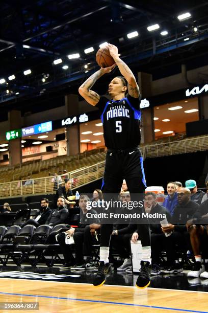 Wilson of the Osceola Magic shoots a three point shot against the Wisconsin Herd during the game on January 29, 2024 at Silver Spurs Arena in...