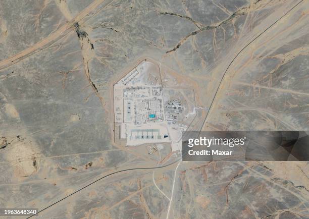 Maxar satellite imagery of Tower 22 which houses a small number of U.S. Troops in northern Jordan. Please use: Satellite image 2024 Maxar...