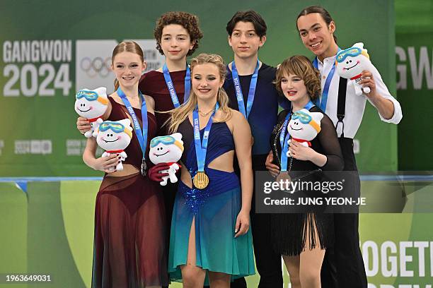 Gold medallists France's Ambre Perrier Gianesini and Samuel Blanc Klaperman pose with silver medallists USA's Olivia Ilin and Dylan Cain and bronze...