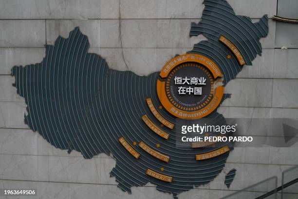 Map shows locations of Evergrande commercial complexes at a partially operating Evergrande commercial complex in Beijing on January 30, 2024. A Hong...