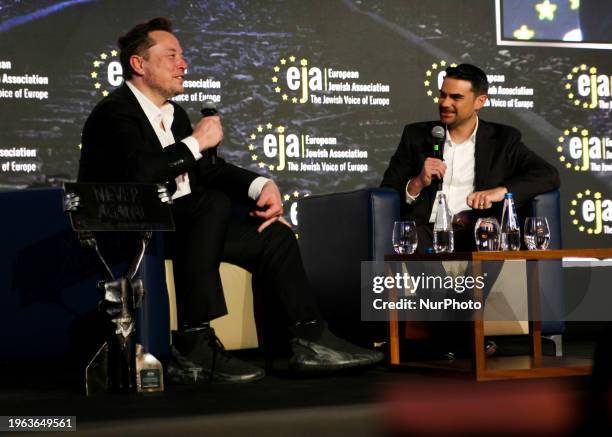 Elon Musk, CEO of Tesla and owner of X , is engaging in a conversation with right-wing commentator Ben Shapiro about anti-Semitism online at the EJA...