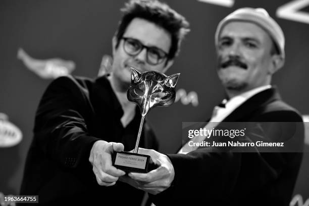 Sebastián Vásquez and Alejandro Rojas winners of the DAMA award for best screenplay for "Upon Entry", poses in the press room during Feroz Awards...