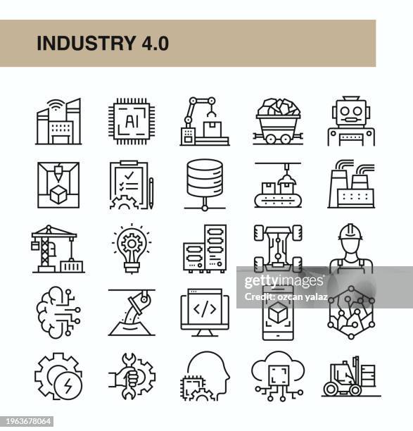 industry 4.0 line icon set illustrationindustry, production, artificial intelligence, internet of things, factory - robotics engineer stock illustrations