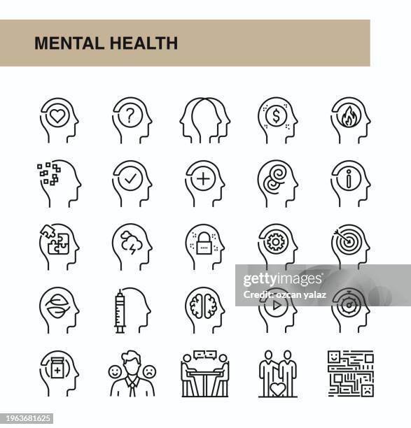 ilustrações de stock, clip art, desenhos animados e ícones de mental health line icon set illustrationmental health, emotional stress, mental health specialist, psychotherapy - doença mental