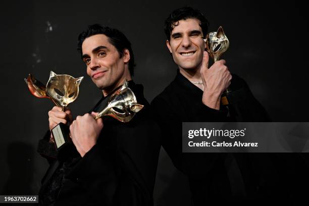 Javier Ambrossi and Javier Calvo posing with the Award for the Best Drama Series, Best Screenplay Award, Best Actor in a Series Award, Best...