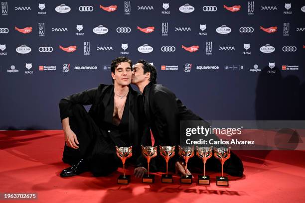 Javier Calvo and Javier Ambrossi posing with the Award for the Best Drama Series, Best Screenplay Award, Best Actor in a Series Award, Best...