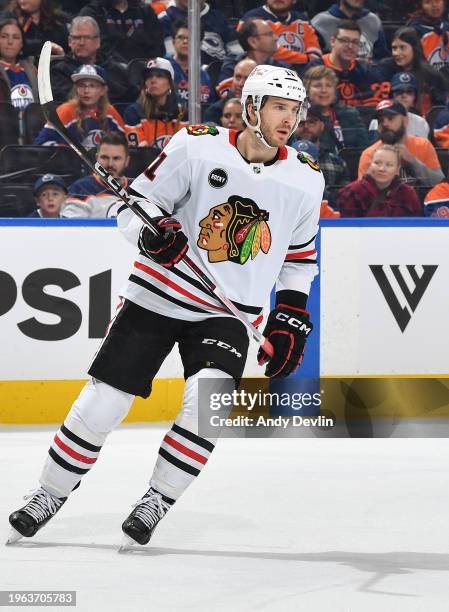 Taylor Raddysh of the Chicago Blackhawks skates during the game against the Edmonton Oilers at Rogers Place on January 25 in Edmonton, Alberta,...