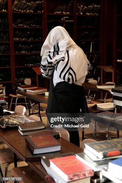 Rabbi praying with tallit covering his head during early morning prayers in Yeshiva Gedolah Zichron Moshe Synagogue, South Fallsburg, NY, 2009.