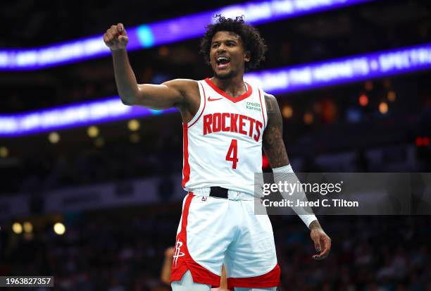 Jalen Green of the Houston Rockets reacts after scoring a basket and a foul during the second quarter of the game against the Charlotte Hornets at...