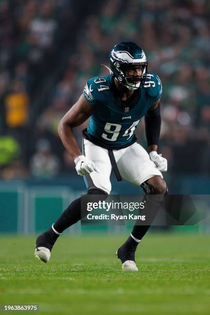 Josh Sweat of the Philadelphia Eagles runs around the edge during an NFL football game against the San Francisco 49ers at Lincoln Financial Field on...