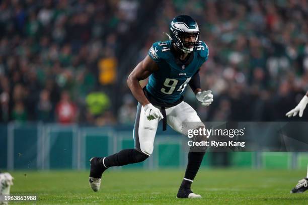 Josh Sweat of the Philadelphia Eagles runs around the edge during an NFL football game against the San Francisco 49ers at Lincoln Financial Field on...