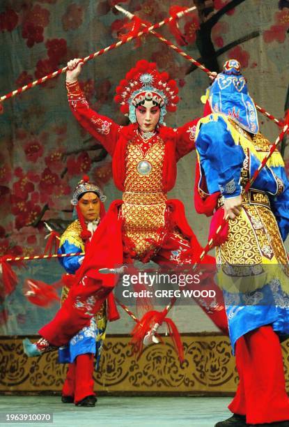 Li Hong Yan from the Mei Lanfang Peking Opera Company rehearses "a Pearl on Rainbow Bridge" at the Sydney Opera House, 05 February 2003. Following...