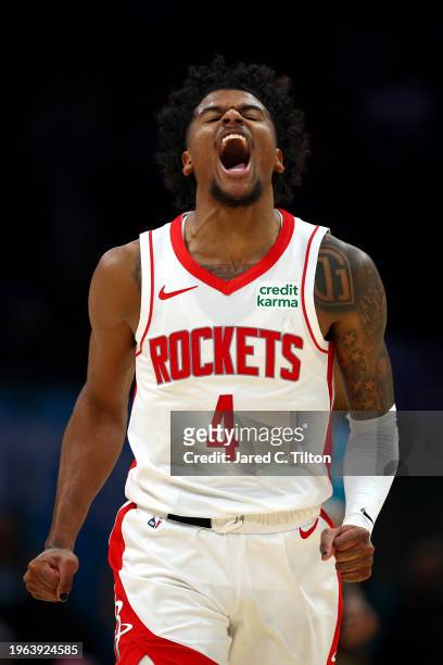 Jalen Green of the Houston Rockets reacts after a basket during the second half of the game against the Charlotte Hornets at Spectrum Center on...
