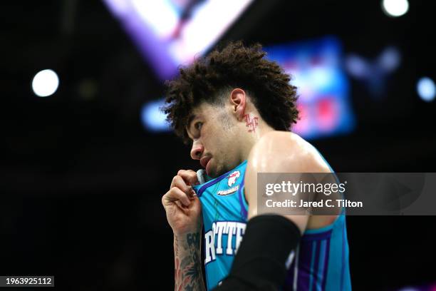 LaMelo Ball of the Charlotte Hornets reacts after a call during the second half of the game against the Houston Rockets at Spectrum Center on January...