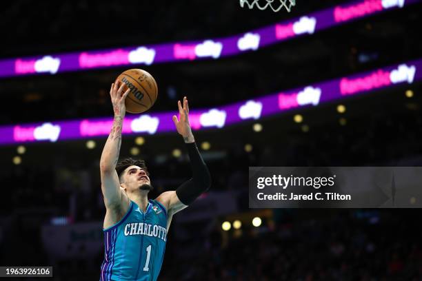 LaMelo Ball of the Charlotte Hornets attempts a lay up during the second half of the game against the Houston Rockets at Spectrum Center on January...