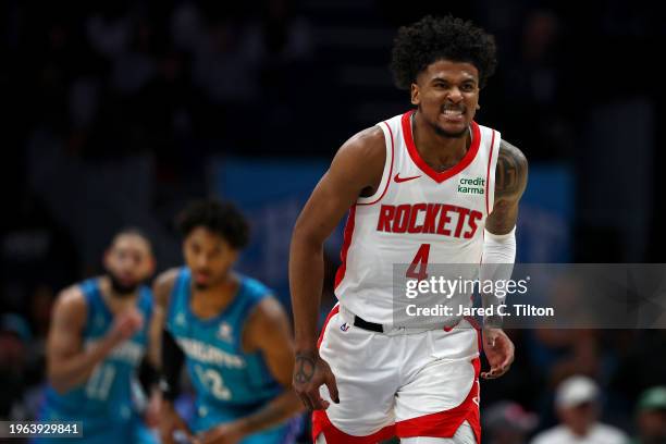 Jalen Green of the Houston Rockets reacts after a basket during the second half of the game against the Charlotte Hornets at Spectrum Center on...