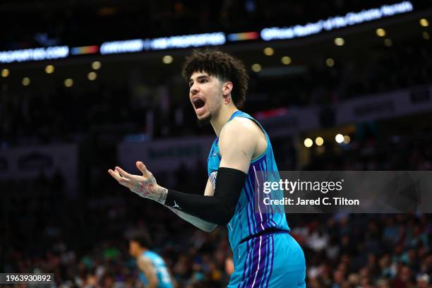 LaMelo Ball of the Charlotte Hornets reacts during the second half of the game against the Houston Rockets at Spectrum Center on January 26, 2024 in...