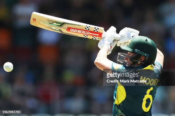 Beth Mooney of Australia bats during game one of the Women's T20 International series between Australia and South Africa at Manuka Oval on January...