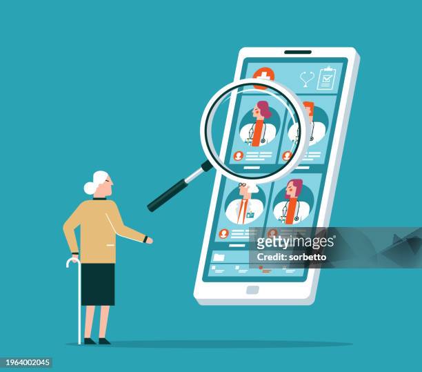 ilustraciones, imágenes clip art, dibujos animados e iconos de stock de chooses doctor - elderly woman - lateral portrait looking mobile