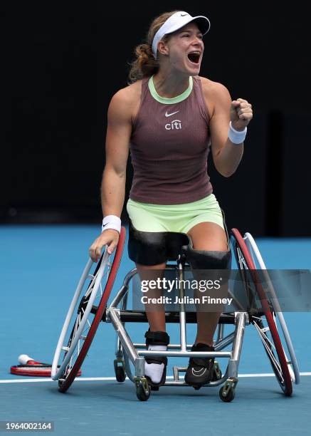 Diede De Groot of the Netherlands celebrates winning championship point in their Women's Wheelchair Singles Final match against Yui Kamiji of Japan...