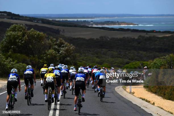 General view of the peloton passing near Bells Beach during the 7th Deakin University Elite Women´s Road Race 2024 a 140.8km one day race from...