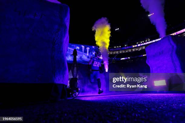 Harrison Smith of the Minnesota Vikings runs onto the field during player introductions before an NFL football game against the San Francisco 49ers...