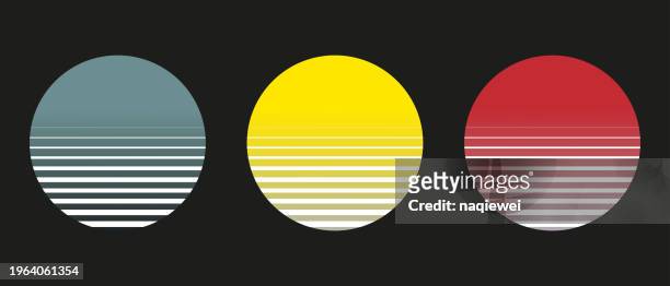 vector gradient vintage grid sunset circle icon set collection on black background illustration - beach la stock illustrations